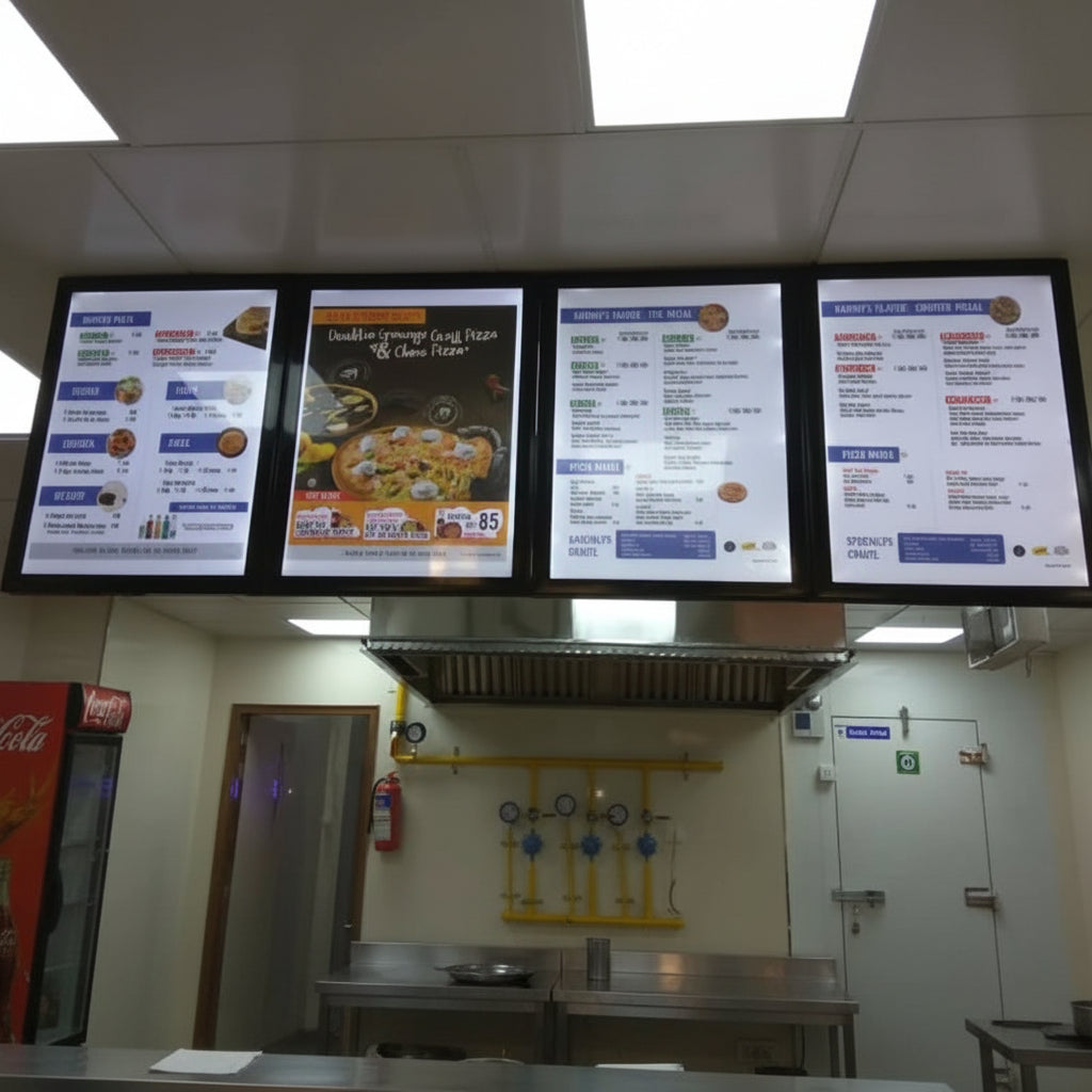 High-definition restaurant digital menu display featuring illuminated food categories and promotional offers