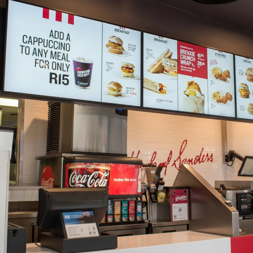 High-definition restaurant digital signage installed above a quick-service ordering counter