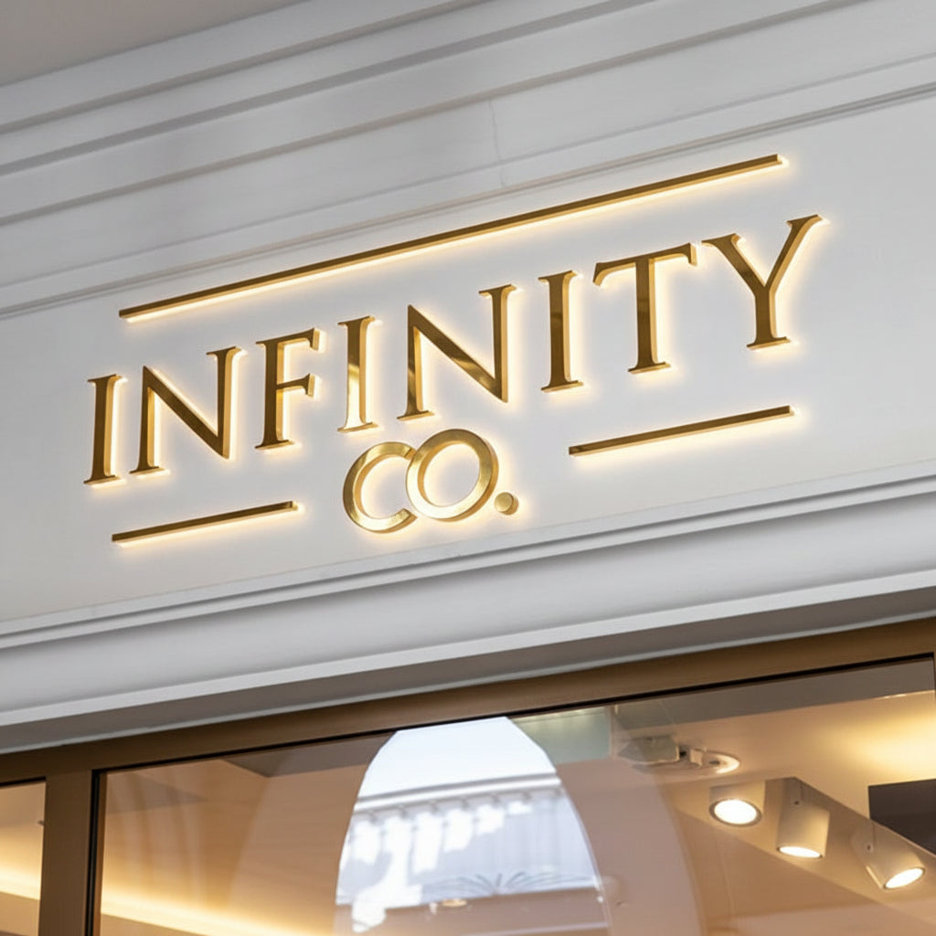 Custom Infinity LED acrylic letter sign with elegant halo backlighting mounted above a modern storefront entrance.