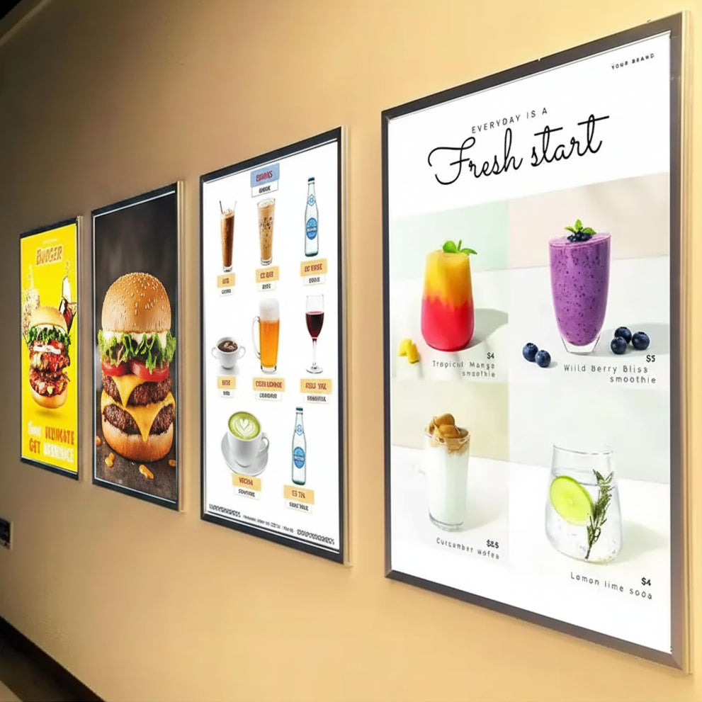Slim illuminated advertising frames with vibrant promotional graphics for retail and cafรฉ interiors
