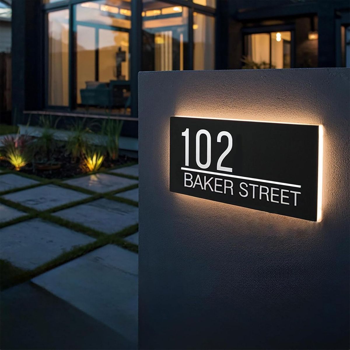 Modern black backlit personalized house address plaque for home entrance