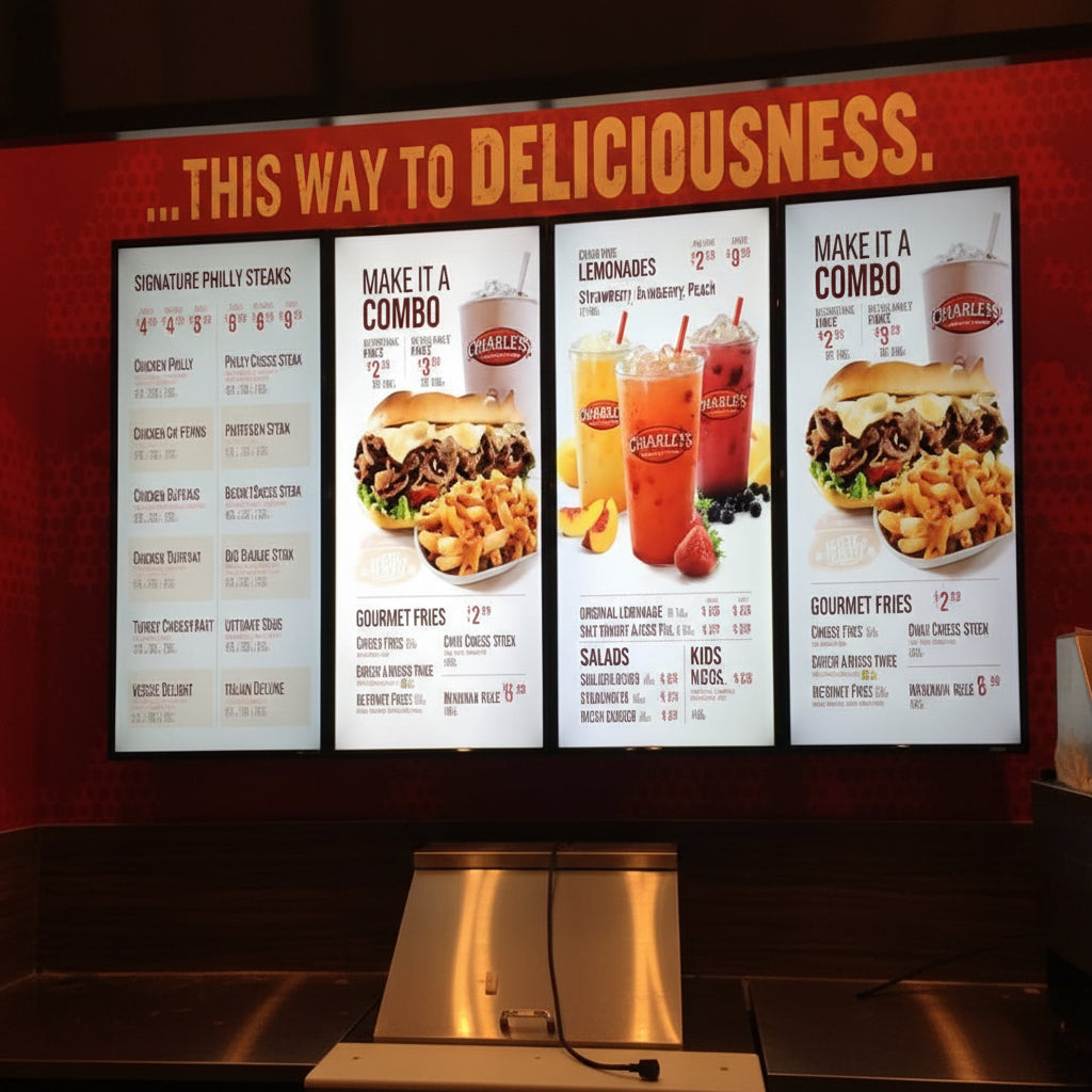 Modern backlit menu display installed above a fast-food ordering counter with bright LED graphics