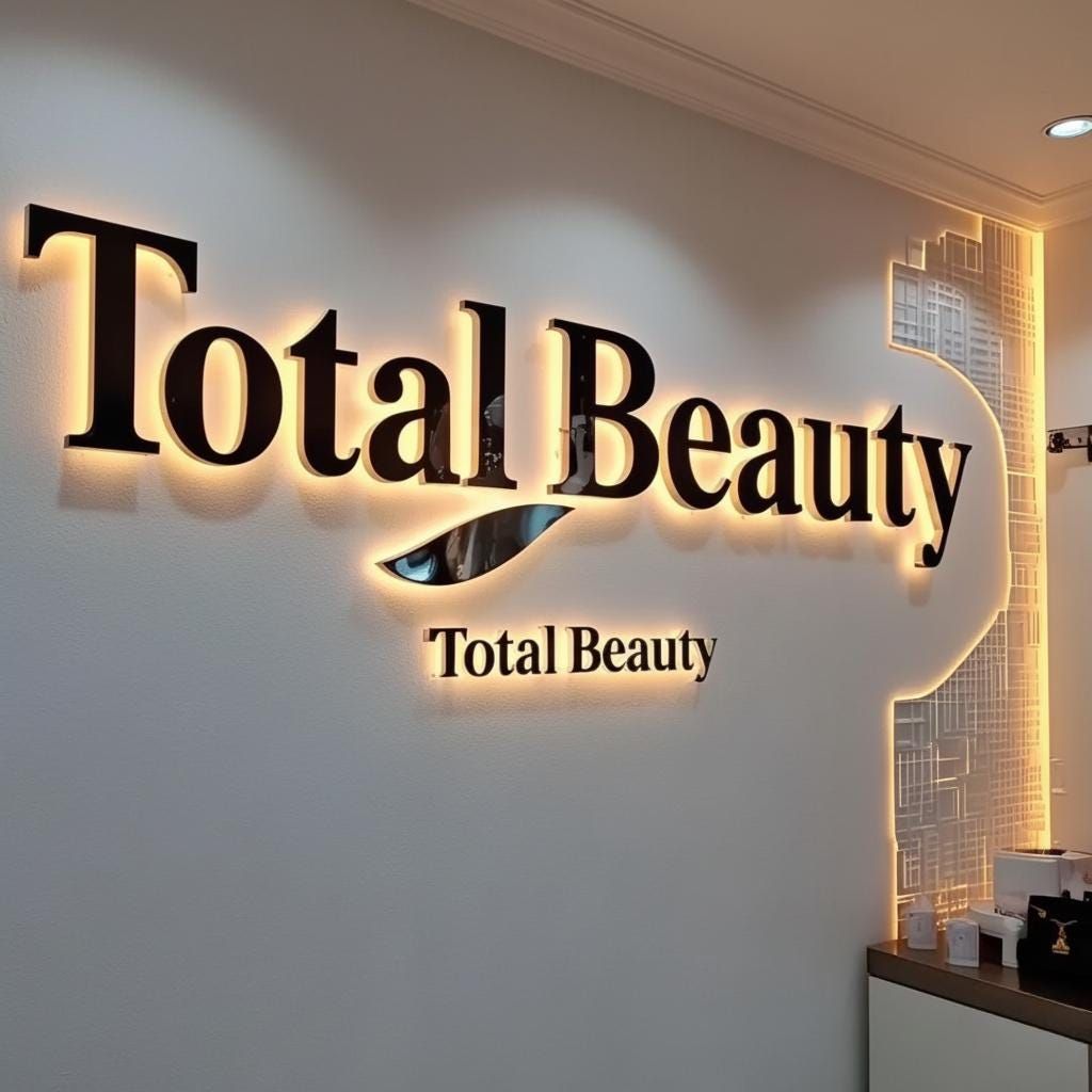 Custom halo-lit LED acrylic logo sign mounted on a salon reception wall with warm white backlit illumination.