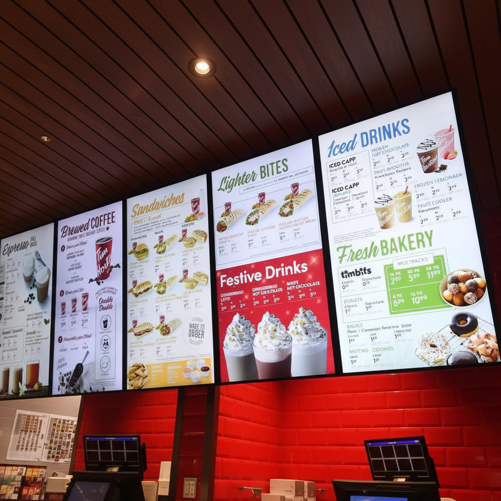 Weather-resistant restaurant menu board featuring bright backlit panels for drive-thru service