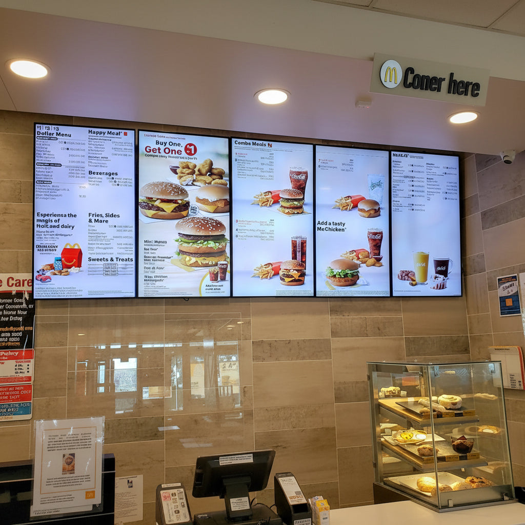 Commercial LED menu display system installed above a fast-food restaurant ordering counter