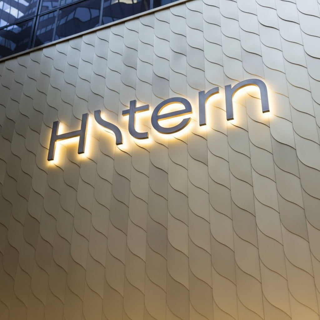 Premium custom halo-lit channel letter sign with warm LED backlighting installed on an exterior building wall for modern business branding and storefront signage.
