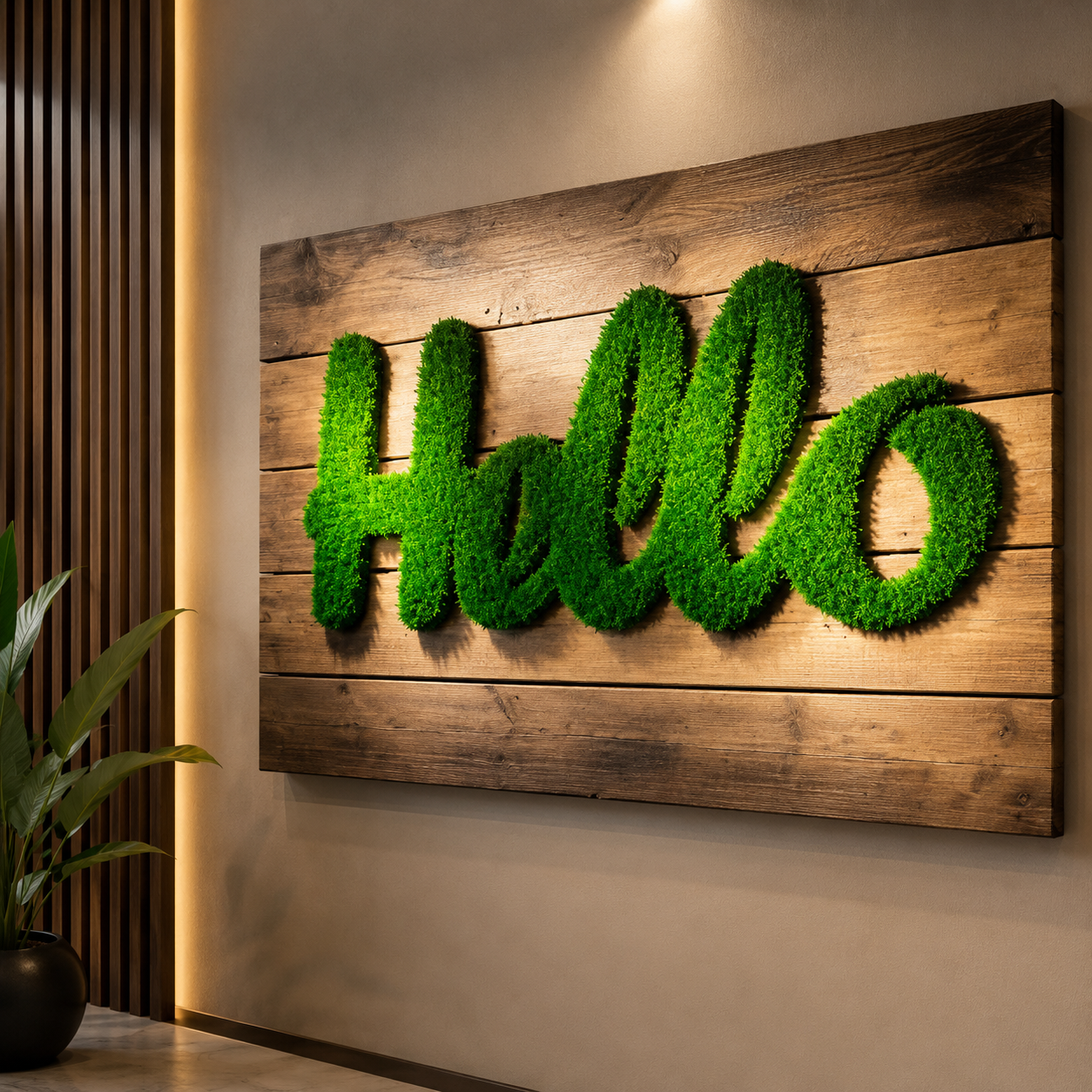 Custom Hello Moss Wall Sign on Wood Backing for Office and Cafe Decor