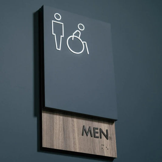 Modern ADA-inspired men's washroom neon sign with accessibility icon for public spaces.