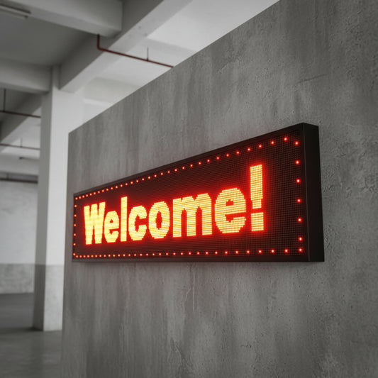 Custom digital LED welcome sign for offices, hotels, retail stores, and reception areas.