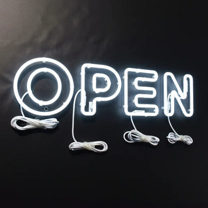 Custom illuminated OPEN neon signage for cafes, restaurants, and commercial storefronts.
