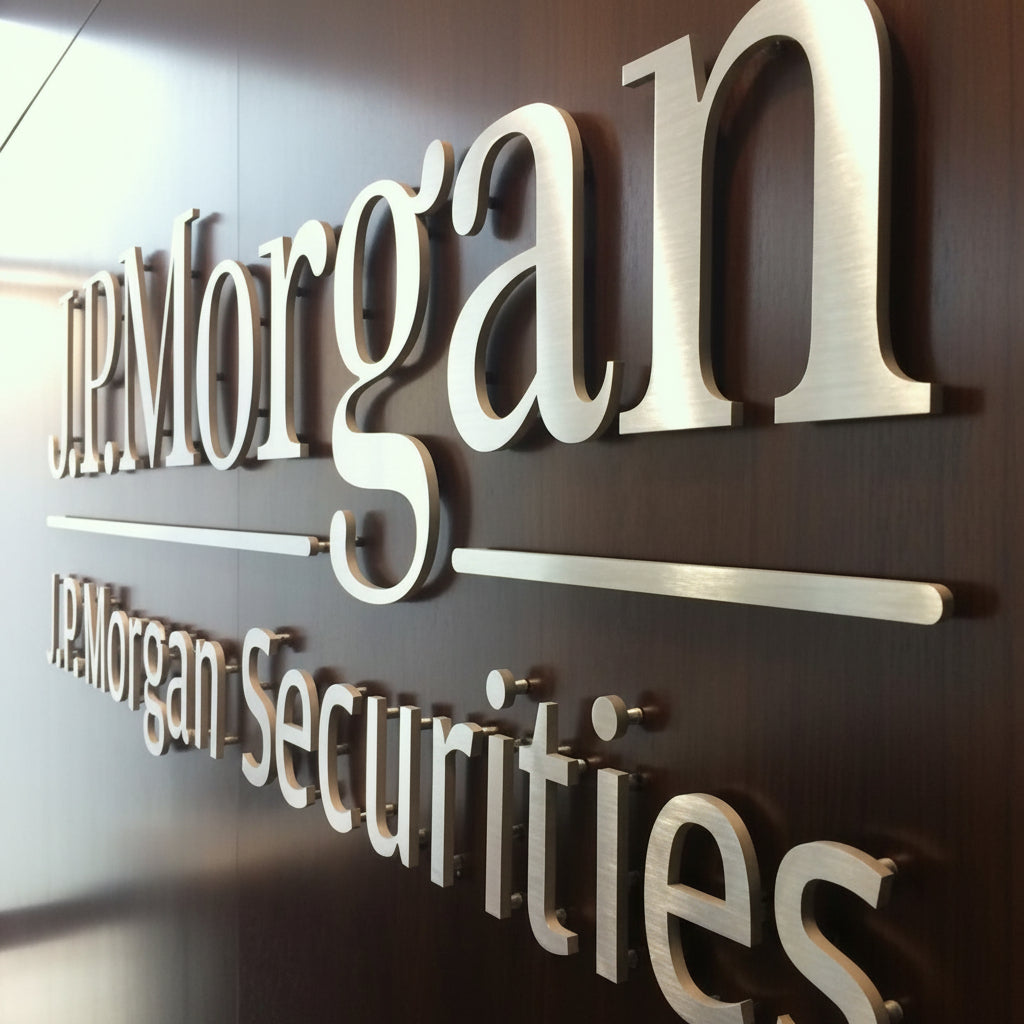 Brushed stainless steel 3D corporate logo letters mounted on a premium office reception wall
