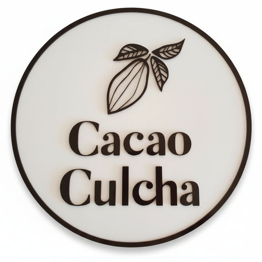 Custom café and chocolate brand sign with circular design and raised black logo details