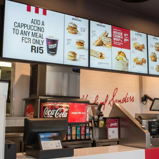 High-definition restaurant digital signage installed above a quick-service ordering counter