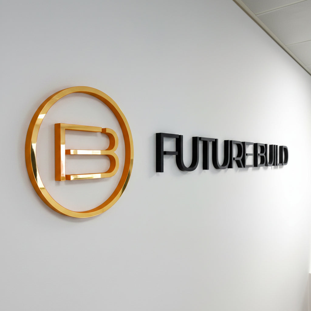 Custom 3D acrylic business logo sign with raised lettering mounted on a white office wall, ideal for reception areas and corporate branding.