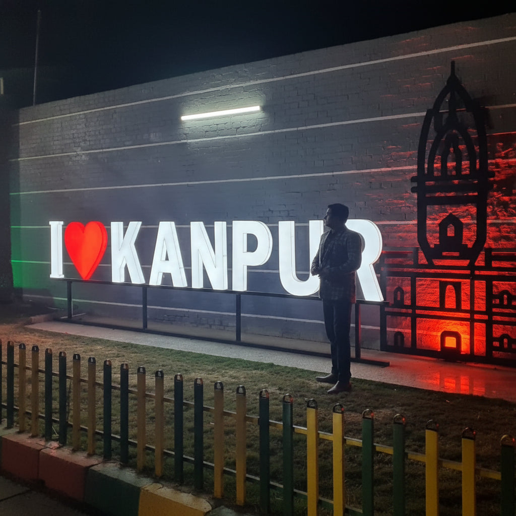 Personalized LED city entrance sign with glowing heart icon for tourism branding