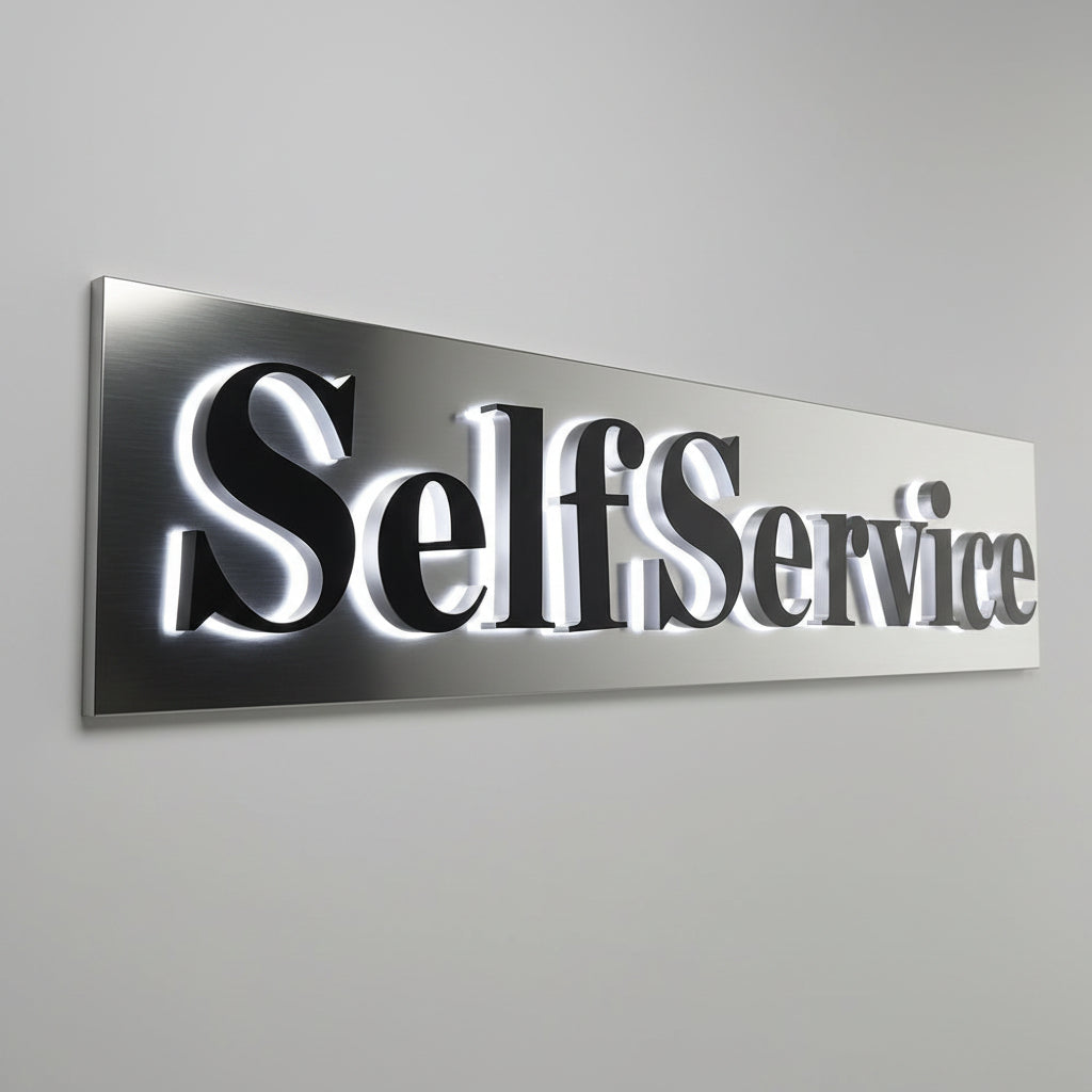 Custom LED backlit acrylic office name plate with brushed stainless steel panel and halo-lit lettering.