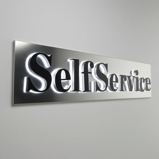 Custom LED backlit acrylic office name plate with brushed stainless steel panel and halo-lit lettering.