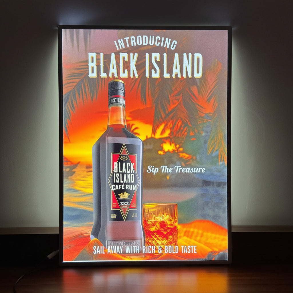 Illuminated retail display sign with premium graphic print and slim black frame