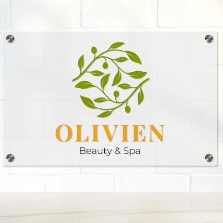 Personalized clear acrylic spa wall sign with elegant wellness brand logo