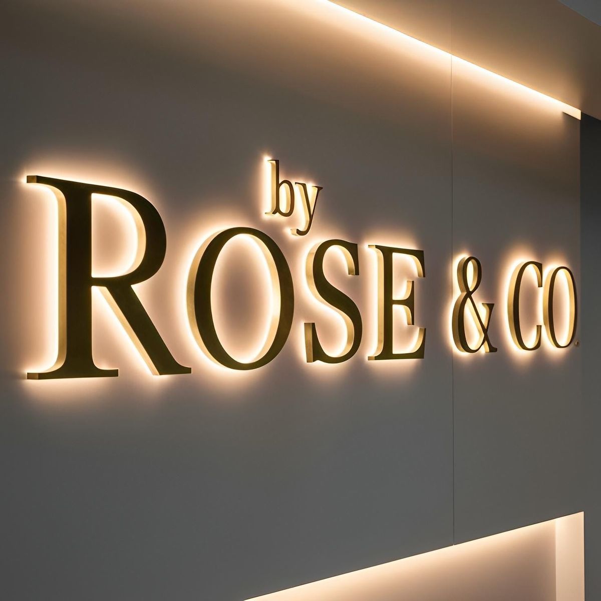 Custom brushed gold LED halo-lit stainless steel letter sign mounted on a luxury office reception wall.