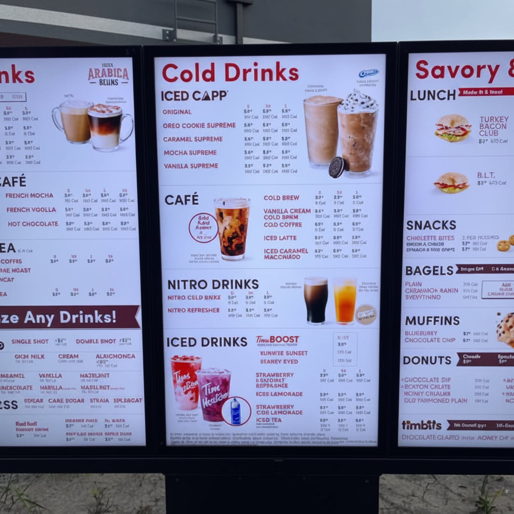 Modular backlit café menu display with bright LED panels for quick service restaurants