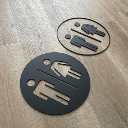 Modern black restroom icon signage for hotels, malls, restaurants, and public facilities.