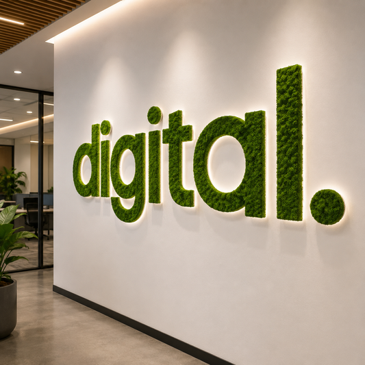 Custom moss-covered logo sign with soft halo backlighting mounted on an office wall for modern eco-friendly business branding.