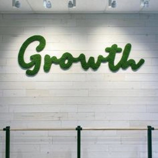 Custom moss-covered script letter sign mounted on a white wall, creating a natural and modern business branding display.