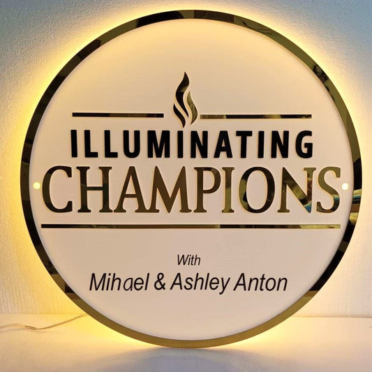 Personalized circular illuminated logo sign with warm backlight and custom branding