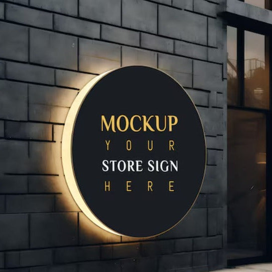 Custom round acrylic store sign with warm halo LED backlighting mounted on a modern exterior wall for business branding.