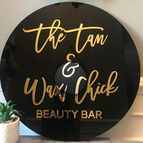 Personalized tanning and waxing salon logo sign with luxury gold typography