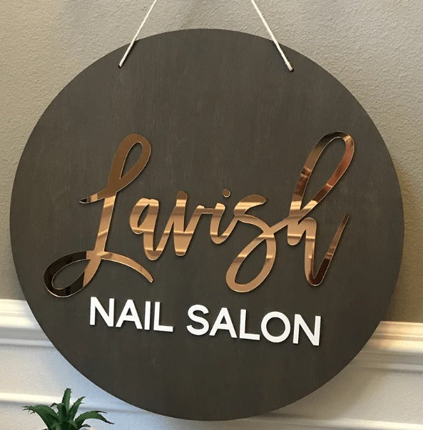 Personalized nail studio wall sign with luxury gold lettering and business name