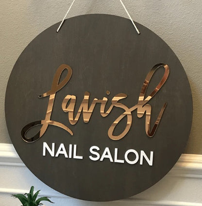 Personalized nail studio wall sign with luxury gold lettering and business name