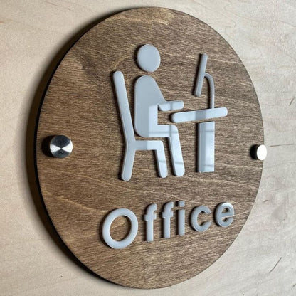Personalized wood office wall plaque with modern workspace symbol and metal mounts