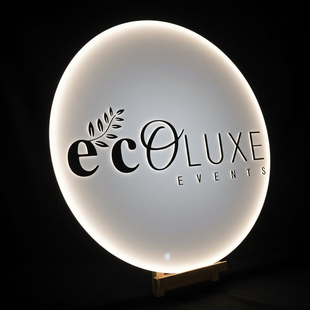 Luxury event branding display featuring halo-lit oval logo sign with modern typography