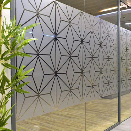 Decorative frosted window film with modern geometric design for commercial glass walls