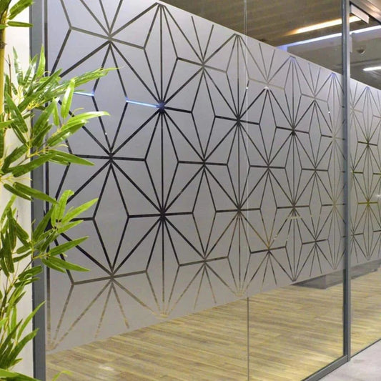 Decorative frosted window film with modern geometric design for commercial glass walls