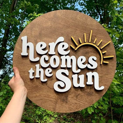 Personalized rustic wooden décor sign featuring inspirational quote and golden sunshine accent