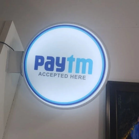 Custom circular Paytm payment LED display sign for shops, cafés, restaurants, and business entrances.