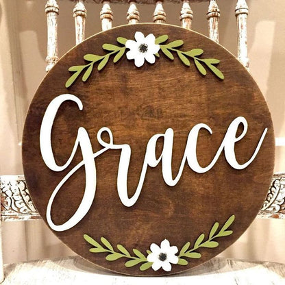 Personalized Wooden Baby Name Sign with Floral Acrylic Lettering and Round Design
