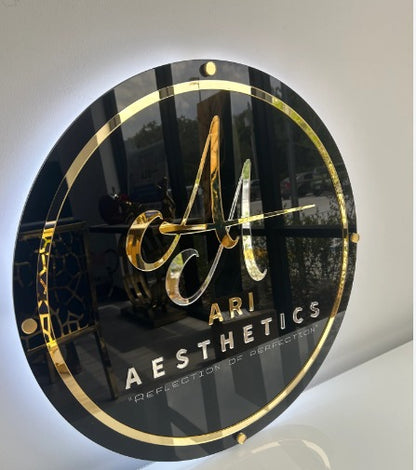Custom Round Beauty Bar Sign with Gold Mirror Lettering and Salon Logo
