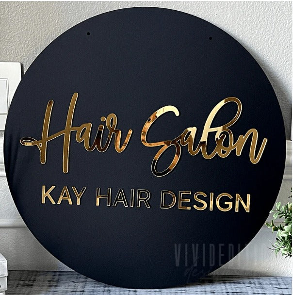 Custom Round Beauty Bar Sign with Gold Mirror Lettering and Salon Logo