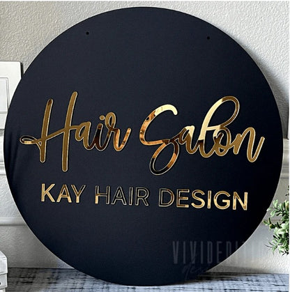 Custom Round Beauty Bar Sign with Gold Mirror Lettering and Salon Logo