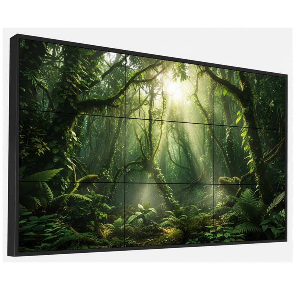 LED screen setup for stage with central and side panels for live events