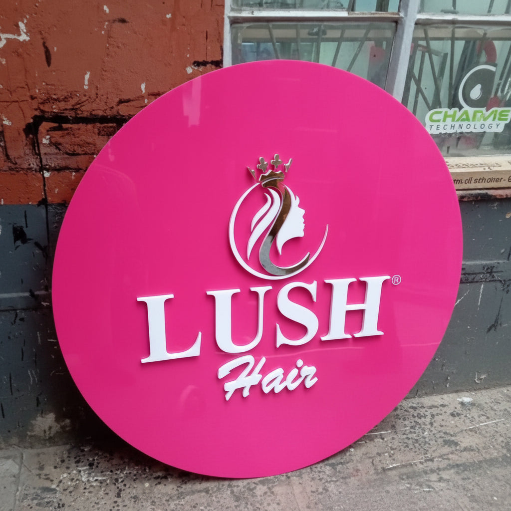 Custom beauty salon branding display featuring circular logo board with premium finish