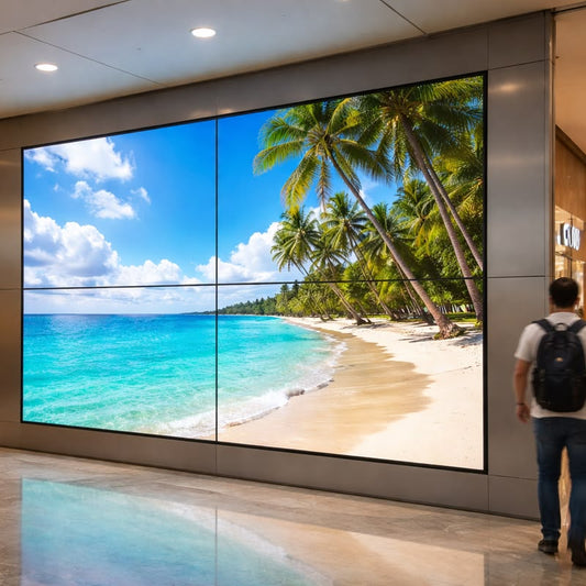 Large indoor LED video wall displaying beach scene in modern commercial space