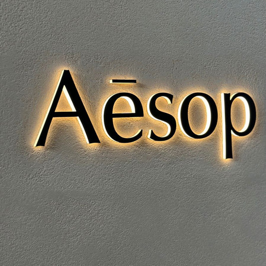 Luxury Aesop logo wall art canvas featuring an illuminated minimalist brand-inspired design on a textured neutral wall.