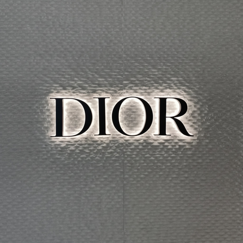 Luxury DIOR-inspired LED acrylic letter sign with soft white backlit illumination mounted on a textured wall.