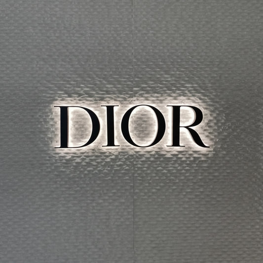 Luxury DIOR-inspired LED acrylic letter sign with soft white backlit illumination mounted on a textured wall.