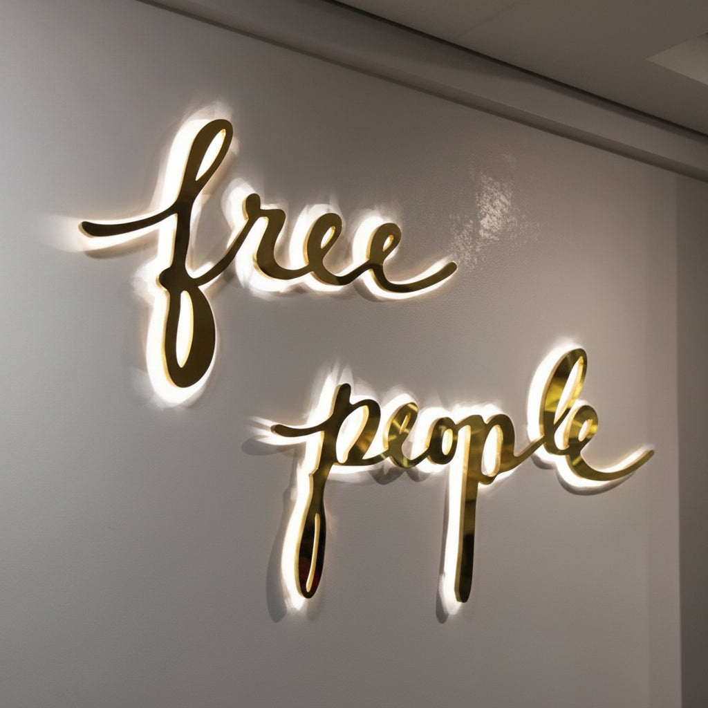 Modern Free People inspired typography wall art canvas featuring elegant illuminated script lettering on a minimalist wall.